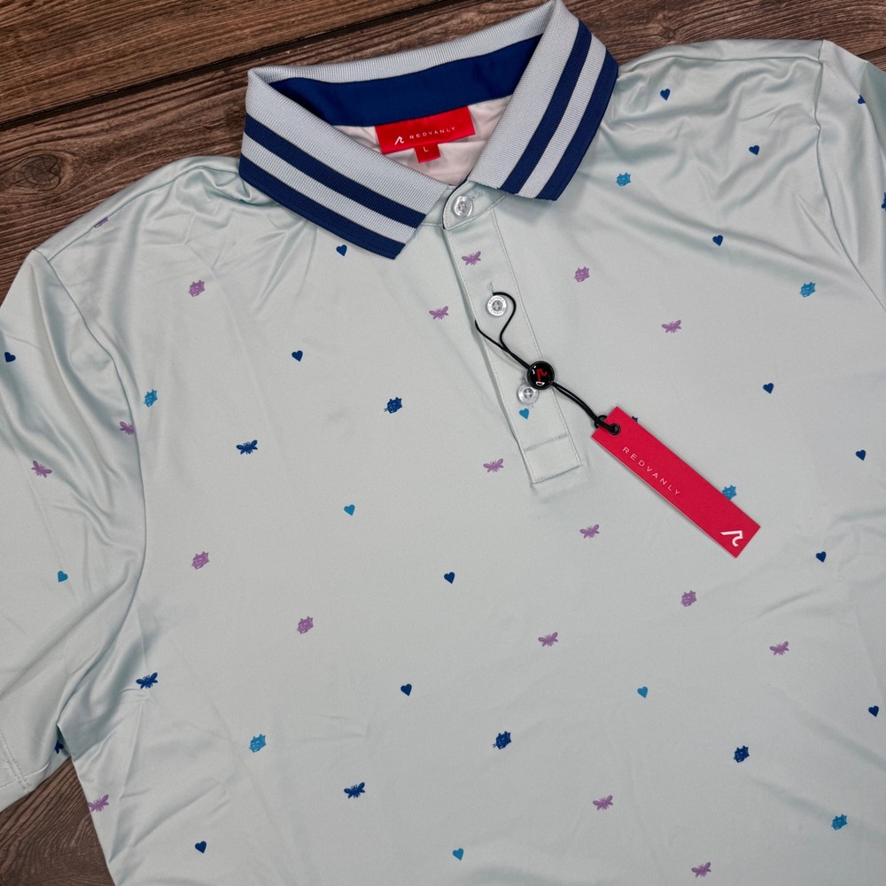 Redvanly Mens Size Large Langham Polo Breeze Mint Blue Heart Insect Print NWT